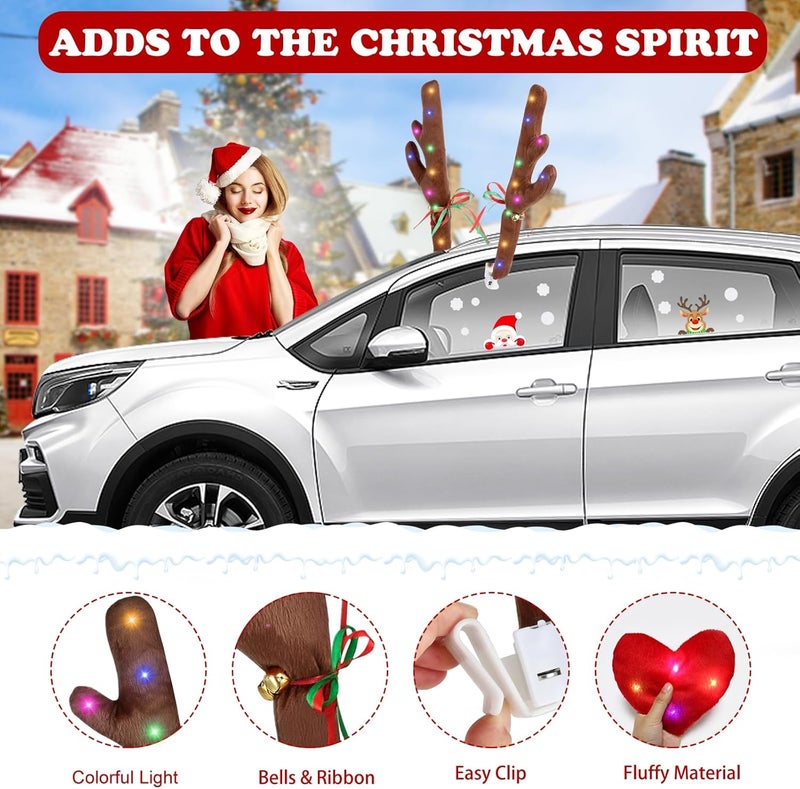 Hydencamm Christmas Reindeer Antlers for Cars with LED Lights, Window Sticker, Jingle Bells, Rudolph Nose - Car Decoration Kit - Image 2